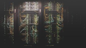 Data center servers with blue lights