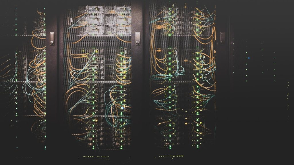 Data center servers with blue lights