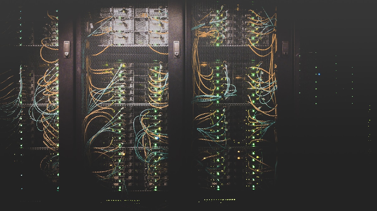 Data center servers with blue lights