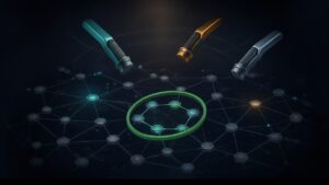 Donkere abstracte netwerkkaart met drie scanners boven hexagon-nodes en een groene guardrail-ring om een agentcluster