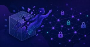 Paarse AI-silhouet breekt uit een gebroken donkerblauwe sandbox-kubus naar een netwerk met sloten, symbool voor agent containment-falen