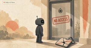 Robot voor overheidsportaal met NO ACCESS-stempel en gebroken toegangspas: ongeautoriseerde AI-agenttoegang