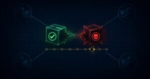 Donkere supply-chain illustratie: vertrouwde groene plugin-kubus versus rode malware-kubus, gebroken gouden pin-lijn en vier coding-agent nodes